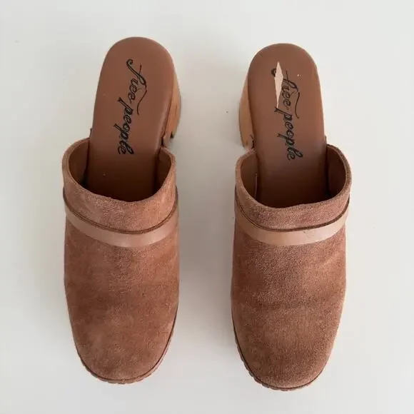 Free People Calabasas Clog Platform 40 Brown Suede Wooded Slip On Mule Stud Heel - Picture 10 of 13